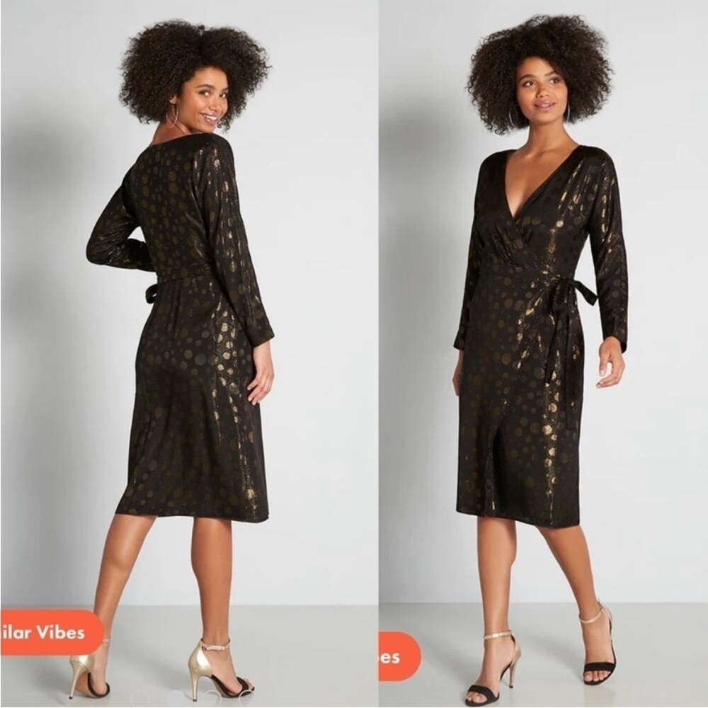 NWT MODCLOTH Golden Record Party Wrap Dress MIDI Black Gold Shimmer Large